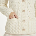 A20244 WHITE Colour Cable Knit Button-Up Aran Cardigan Front Pocket Knit View Gaelsong