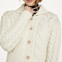 A20244 WHITE Colour Cable Knit Button-Up Aran Cardigan Sleeve Closeup View Gaelsong
