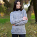 Women's Merino Cable Crewneck Irish Sweater Grey Lifestyle Front View Gaelsong
