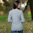 Women's Merino Cable Crewneck Irish Sweater Grey Lifestyle Back View Gaelsong