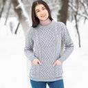 Women's Merino Cable Crewneck Irish Sweater Grey Lifestyle Gaelsong