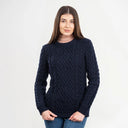 Women's Merino Cable Crewneck Irish Sweater Navy Front Gaelsong