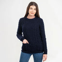 Women's Merino Cable Crewneck Irish Sweater Navy Front View Gaelsong