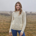 Women's Merino Cable Crewneck Irish Sweater White Lifestyle Gaelsong