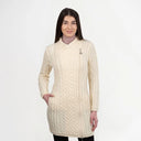 Long Cable Knit Side Zip Irish Coatigan White Front View Studio Gaelsong