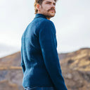 Men's Shawl Collar Irish Sweater Blue Lifestyle Side View Gaelsong