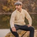 Men's Shawl Collar Irish Sweater White Lifestyle Front Gaelsong