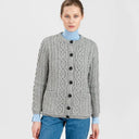 Traditional Ladies Irish Lumber Cardigan Grey Front View Studio Gaelsong