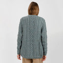 Traditional Ladies Irish Lumber Cardigan Misty Blue Back View Studio Gaelsong