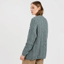 Traditional Ladies Irish Lumber Cardigan Misty Blue Side View Studio Gaelsong