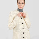 Traditional Ladies Irish Lumber Cardigan White Front View Studio Gaelsong