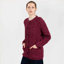 Traditional Ladies Irish Lumber Cardigan Wine Side View Studio Gaelsong