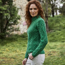 Ladies Berry Cable Knit Aran Sweater Lifestyle Green Side View Gaelsong