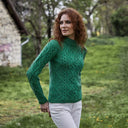 Ladies Berry Cable Knit Aran Sweater Lifestyle Green Side Gaelsong