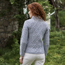 Ladies Berry Cable Knit Aran Sweater Lifestyle Grey Back View Gaelsong