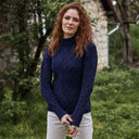 Ladies Berry Cable Knit Aran Sweater Lifestyle Navy Front View Gaelsong