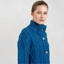 Cable Merino Aran Jacket Blue Side View Studio Gaelsong