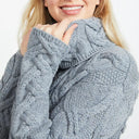 A20255 MISTY GREY Colour Chunky Cable Cowl Neck Irish Sweater Closeup View Gaelsong