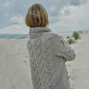 A20255 MISTY GREY Colour Chunky Cable Cowl Neck Irish Sweater Back Side View Gaelsong