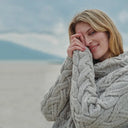 A20255 MISTY GREY Colour Chunky Cable Cowl Neck Irish Sweater Closeup Sleeve View Gaelsong