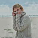 A20255 MISTY GREY Colour Chunky Cable Cowl Neck Irish Sweater Closeup View Sleeve and Neck Gaelsong