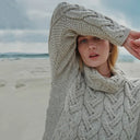 A20255 MISTY GREY Colour Chunky Cable Cowl Neck Irish Sweater Closeup View Gaelsong