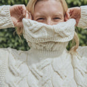 A20255 NATURAL WHITE Colour Chunky Cable Cowl Neck Closeup View Gaelsong