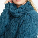 A20255 TEAL BLUE Colour Chunky Cable Cowl Neck Irish Sweater Closeup View Gaelsong