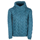 A20255 TEAL BLUE Colour Chunky Cable Cowl Neck Irish Sweater Studio Gaelsong
