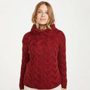 A20255 Color RED Chunky Cable Cowl Neck Irish Sweater Front Side Gaelsong