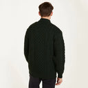 A20258 ARMY GREEN Colour Men's Merino Half Zip Aran Sweater Back Side View Gaelsong