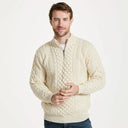 A20258 WHITE Colour Men's Merino Half Zip Aran Sweater Studio Gaelsong