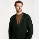 A20259 ARMY GREEN Colour Traditional Merino V-Neck Aran Cardigan Closeup View Gaelsong