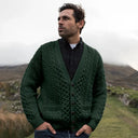 A20259 ARMY GREEN Colour Traditional Merino V-Neck Aran Cardigan Lifestytle Gaelsong