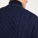 A20259 NAVY BLUE Colour Traditional Merino V-Neck Aran Cardigan Back Side Closeup View Gaelsong