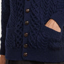A20259 NAVY BLUE Colour Traditional Merino V-Neck Aran Cardigan Front Pocket Closeup View Gaelsong