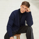 A20259 NAVY BLUE Colour Traditional Merino V-Neck Aran Cardigan Closeup View Gaelsong