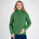 Heavyweight Merino Turtleneck Aran Sweater Green Front View Gaelsong