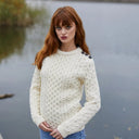 Side Button Honeycomb Irish Sweater White Gaelsong