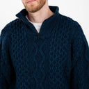 A20268 OCEAN BLUE Colour Quarter Zip Aran Sweater Studio Closeup Knit View Gaelsong
