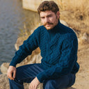 A20268 Quarter Zip Aran Sweater in Ocean Blue Colour Closeup View Design Gaelsong
