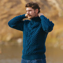 A20268 Quarter Zip Aran Sweater in Ocean Blue Colour Neck Design Gaelsong
