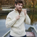 A20268 WHITE Colour Quarter Zip Aran Sweater Lifestyle Gaelsong
