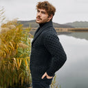 Double Breasted Shawl Irish Cardigan Charcoal Lifestyle side view Gaelsong