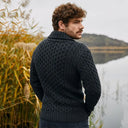 Double Breasted Shawl Irish Cardigan Charcoal Lifestyle Back View Gaelsong