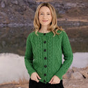 Classic Merino Wool Aran Knit Cardigan Green Front View Gaelsong