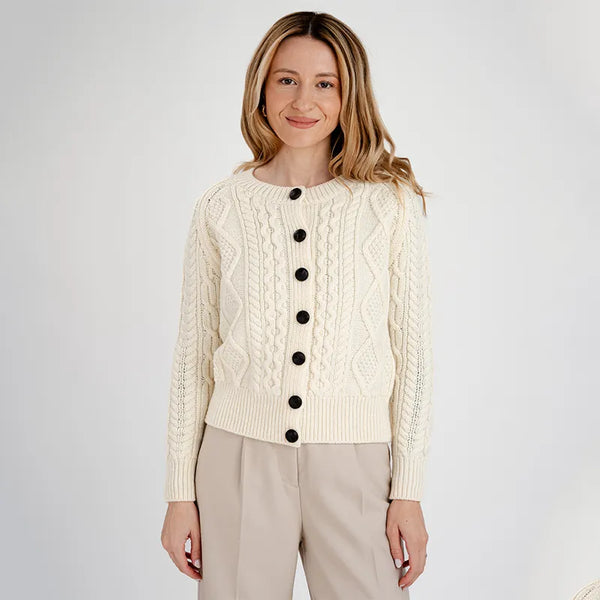 Classic Merino Wool Aran Knit Cardigan | Cropped Design| Gaelsong