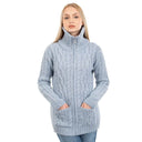 A20277 Blue Marl Merino Wool Aran Zip Cardigan for Ladies Front View Gaelsong
