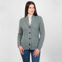Women's Merino Shawl Collar Irish Cardigan Green Front View Gaelsong