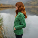 Women's Merino Shawl Collar Irish Cardigan Green Lifestyle side view Gaelsong